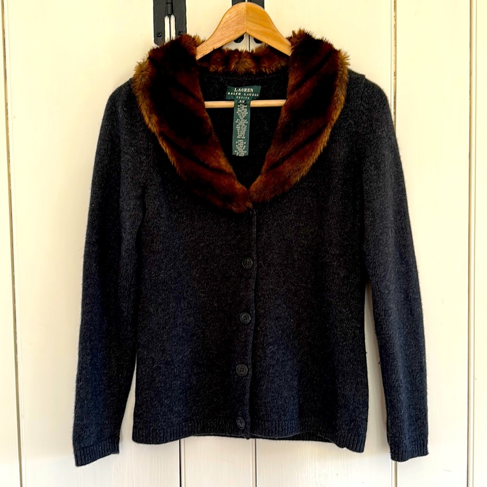 Lauren Ralph Lauren Faux Fur Collar Merino Wool Cardigan Petite Petite